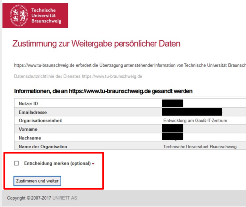 Screenshot der SSO Seite der TU Braunschweig, die anzeigt, welche persönlichen Daten für diesen SSO Dienst übermittelt werden