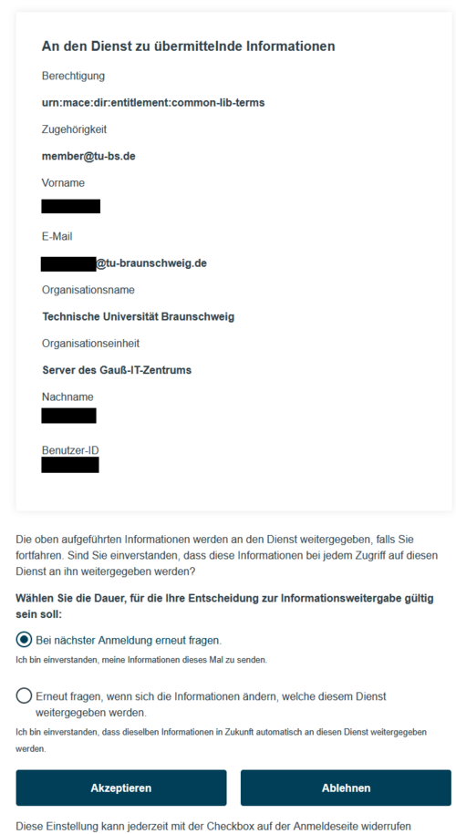Screenshot of the TU Braunschweig's SSO page showing which personal data is submitted for this SSO service