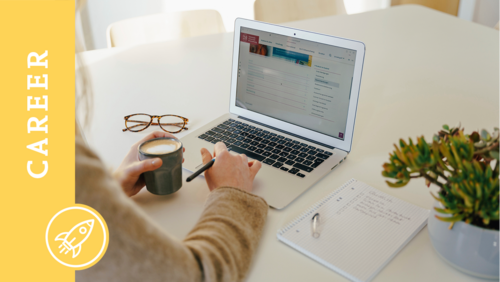 A woman is typing on a laptop. She is holding a cup of coffee and a pen. In the picture is a banner with the words ‘Career’.