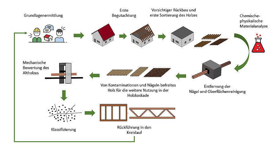 Recycling for Reuse: Geplantes Konzept zum Rückbau bestehender Holzkonstruktionen, Oberflächen-Dekontamination und erneuten Verwendung des Altholzes für neue Baukonstruktionen.