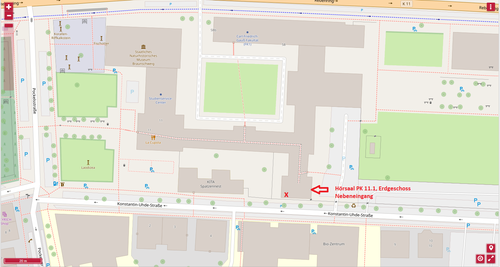 Lage des Hörsaals PK 11.1 auf dem Zentralcampus der TU Braunschweig