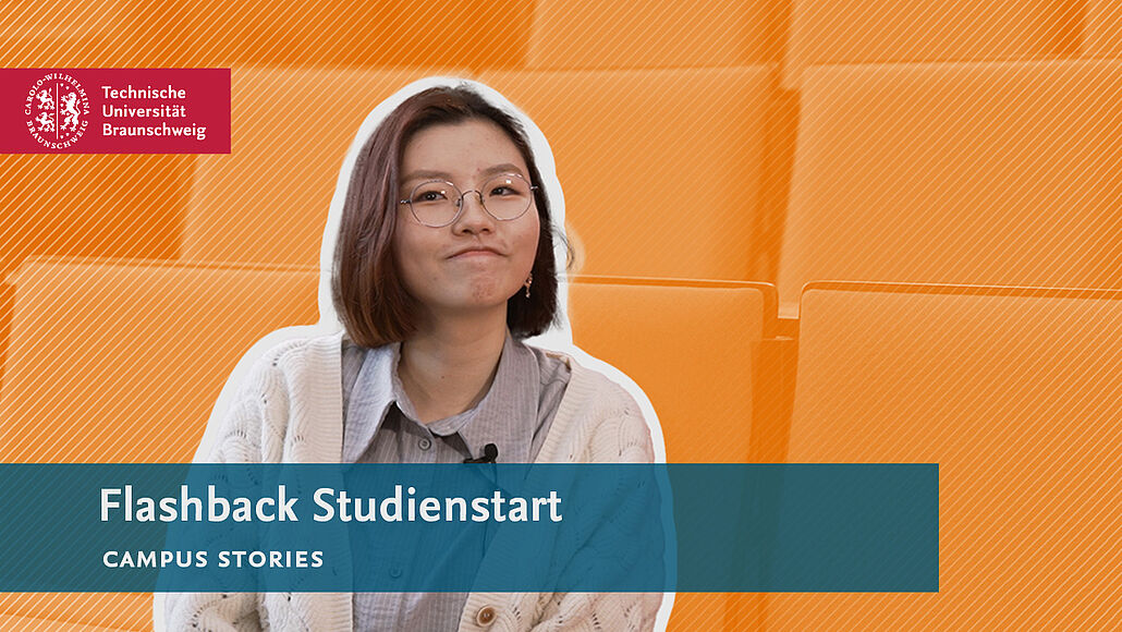 A student with a thoughtful expression on her face. The picture also shows the text: Flashback Studienstart - Campus Stories