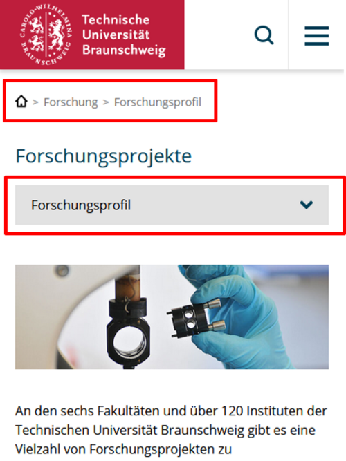Screenshot of the new mobile view of the TU Braunschweig with new breadcrumbs and new mobile sub-navigation