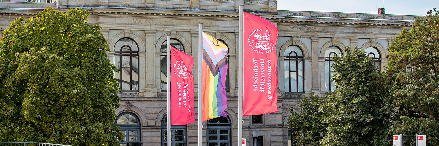 [Translate to English:] Fahnen vor dem Altgebäude der TU Braunschweig 