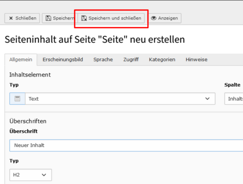 Screenshot of the TYPO3 backend with the save and close button