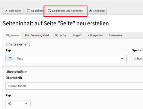 Screenshot des TYPO3 Backends mit dem Speichern und schließen Button