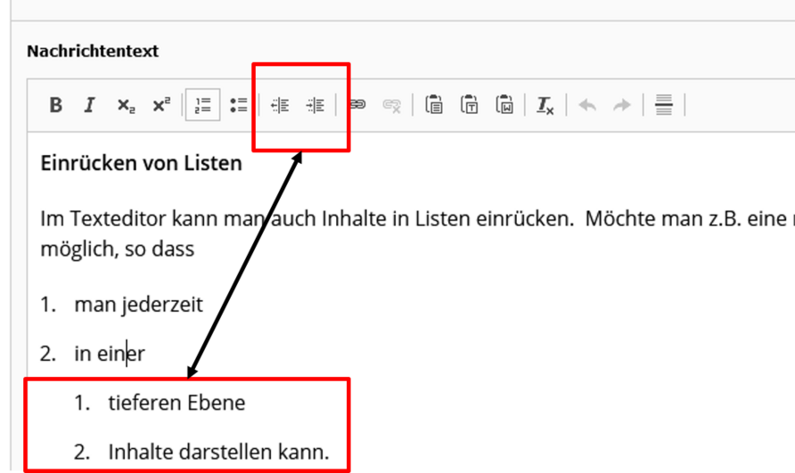 Screenshot of the TYPO3 editor with highlighting of the "Indent list" function