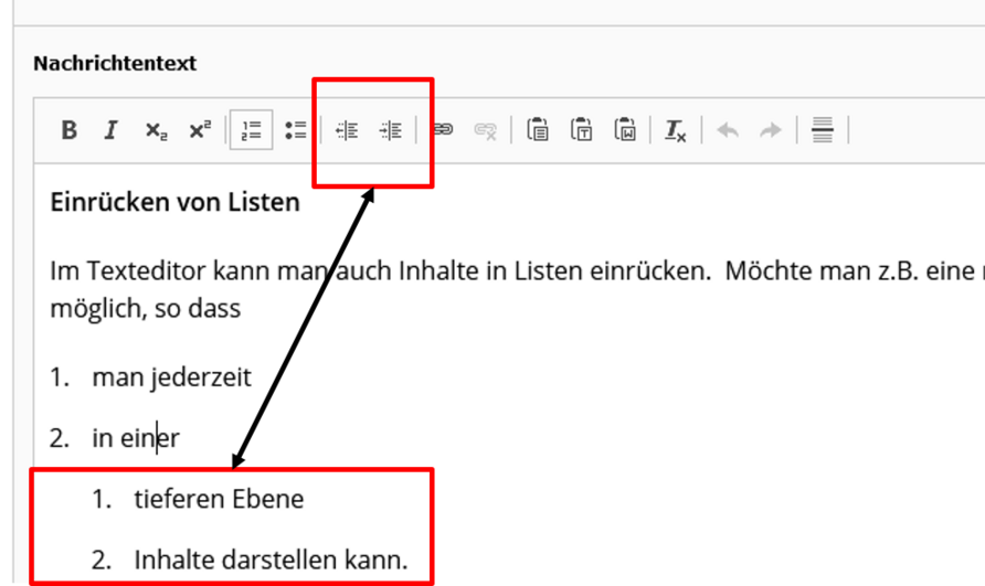 Screenshot des TYPO3-Editors mit Hervorhebung der Funktion "Liste einrücken"