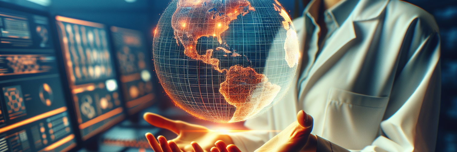 Eine Weltkugel schwebt über den Händen einer Wissenschaftlerin 