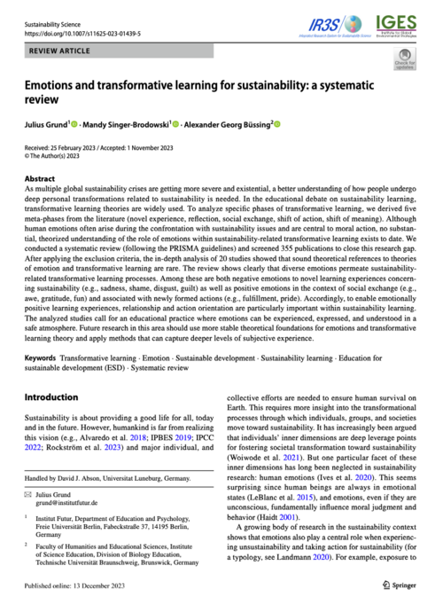 Titelcover des Artikels aus Sustainabilty Science