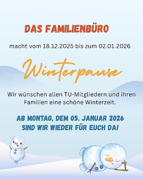 Winterpause im Familienbüro dargestellt durch eine Winterlandschaft und zwei Schneemänner