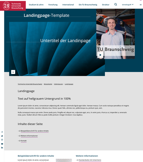 Screenshot of the TU Braunschweig landing page template