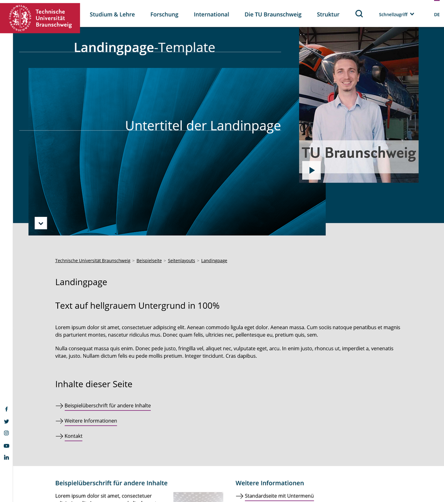 Screenshot des Templates Landingpage der TU Braunschweig