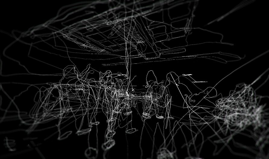 VR-Brillenbild aus einem Projekt der Lehr- und Forschungsveranstaltung „Kollektives VR-Zeichen, IMD, 2019. Projektbeteiligte Studierende: Haotian Chen, Alena Deiters, Valerie Dittrich, Annika Michael, Tobias Thiel.