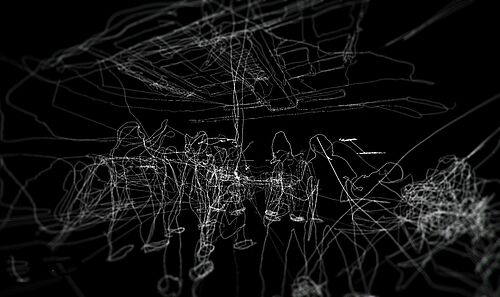 VR-Brillenbild aus einem Projekt der Lehr- und Forschungsveranstaltung „Kollektives VR-Zeichen, IMD, 2019. Projektbeteiligte Studierende: Haotian Chen, Alena Deiters, Valerie Dittrich, Annika Michael, Tobias Thiel.