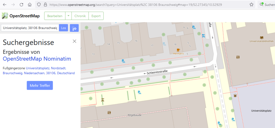 Screenshot des Kartendienstes OpenStreetMap zu Erklärung der Verlinken-Funktion