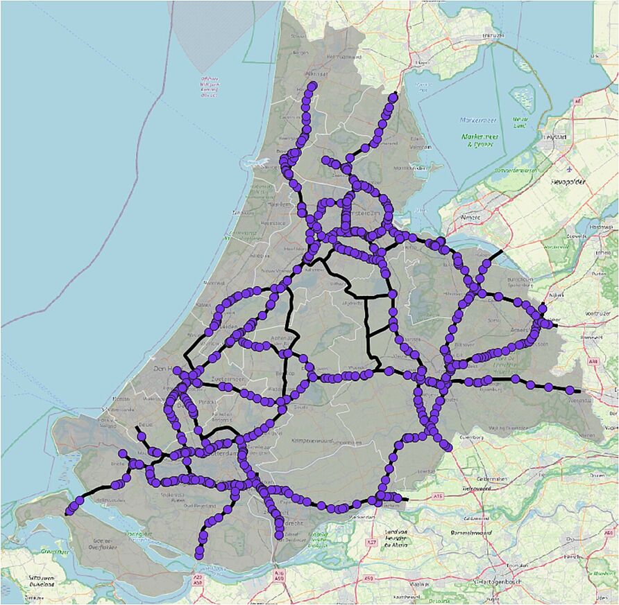 Study area: Randstad, the Netherlands, with bridges as purple dots