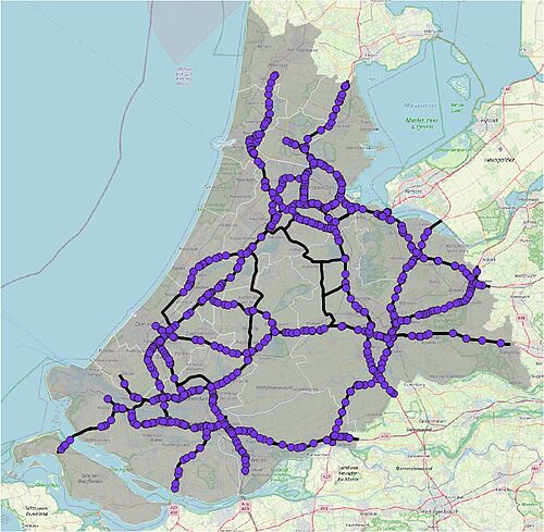 Study area: Randstad, the Netherlands, with bridges as purple dots