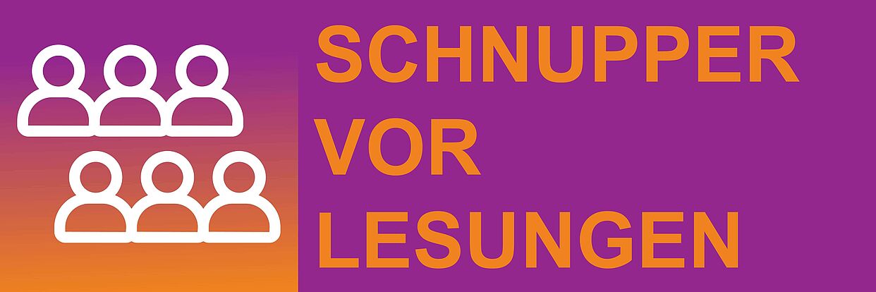 Das Piktogramm mehrerer Menschen nebeneinander auf einem orange-lila Verlauf. Daneben in orange auf lila Schnuppervorlesungen 