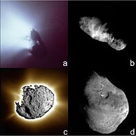 Die Kometen a) Halley, b) Borrelly, c) Wild2 und d) Tempel 1, gesehen von den Raumsonden GIOTTO, DEEP SPACE1, Stardust und DEEP IMPACT