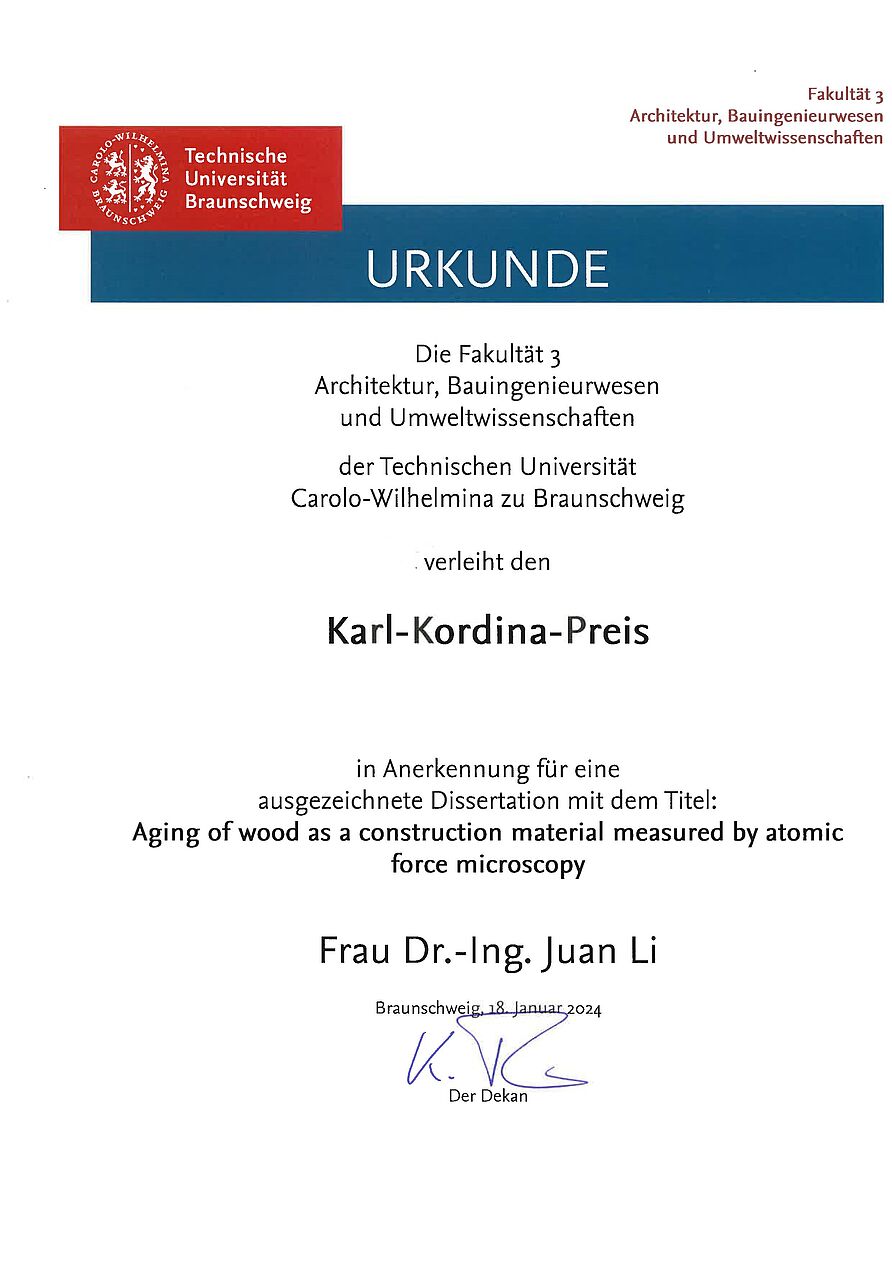 Urkunde des Karl-Kordina-Preises für Frau Dr. -Ing. Juan Li
