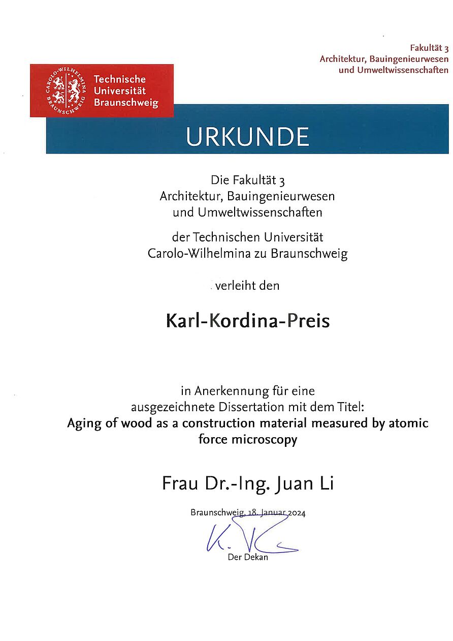 Urkunde des Karl-Kordina-Preises für Frau Dr. -Ing. Juan Li