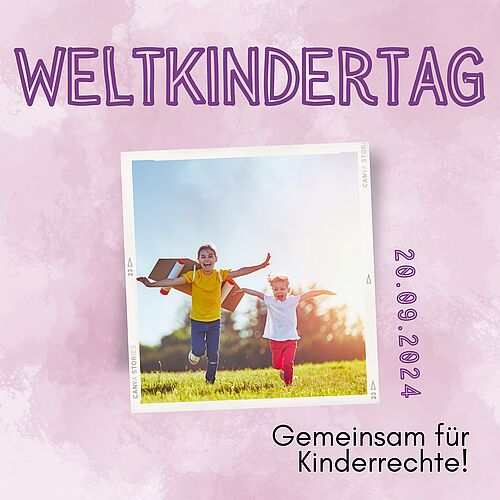 Weltkindertag: 2 Kinder die mit ausgestreckten Armen über eine Wiese laufen, darunter der Slogan Gemeinsam für Kinderrechte