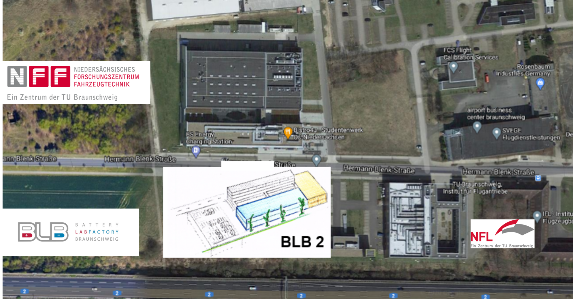 Das CPC-Forschungsgebäude soll am Forschungsflughafen Braunschweig in unmittelbarer Nachbarschaft des Niedersäch-sischen Forschungszentrums Fahrzeugtechnik (NFF) und der Versuchshalle der Battery LabFactory (BLB) gebaut werden.