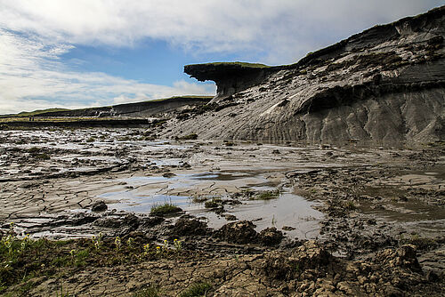 Durch Erosion gezeichnete Küstenlandschaft mit Schmelzwasserteichen auf Herschel Island, Kanada.