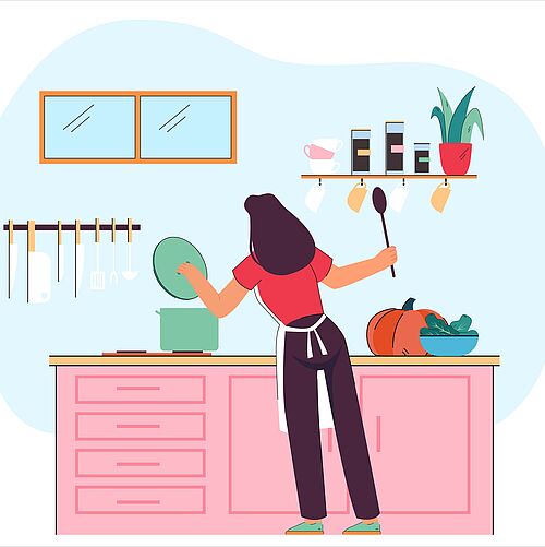 Woman standing near stove in kitchen holding spoon. Housewife cooking eating flat vector illustration. Food cooking, family lifestyle, life routine, household concept