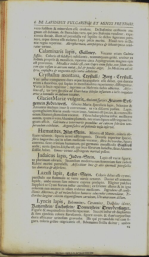 Crystallus montana in der Pharmacopoeia Wirtenbergica 1741
