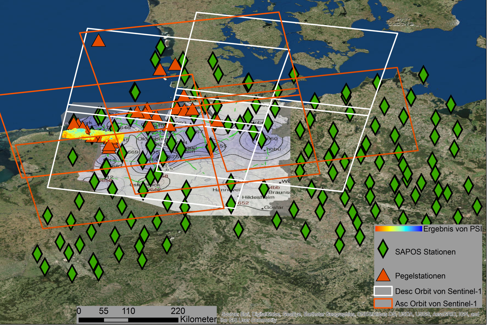 Überblick über das Untersuchungsgebiet an  der norddeutschen Küste mit den verfügbaren Pegel- Daten und SAPOS- Stationen. Exemplarische Verteilung eines Swath von Sentinel-1 A/B, sowie erste Ergebnisse aus PSI für einen Burst.
